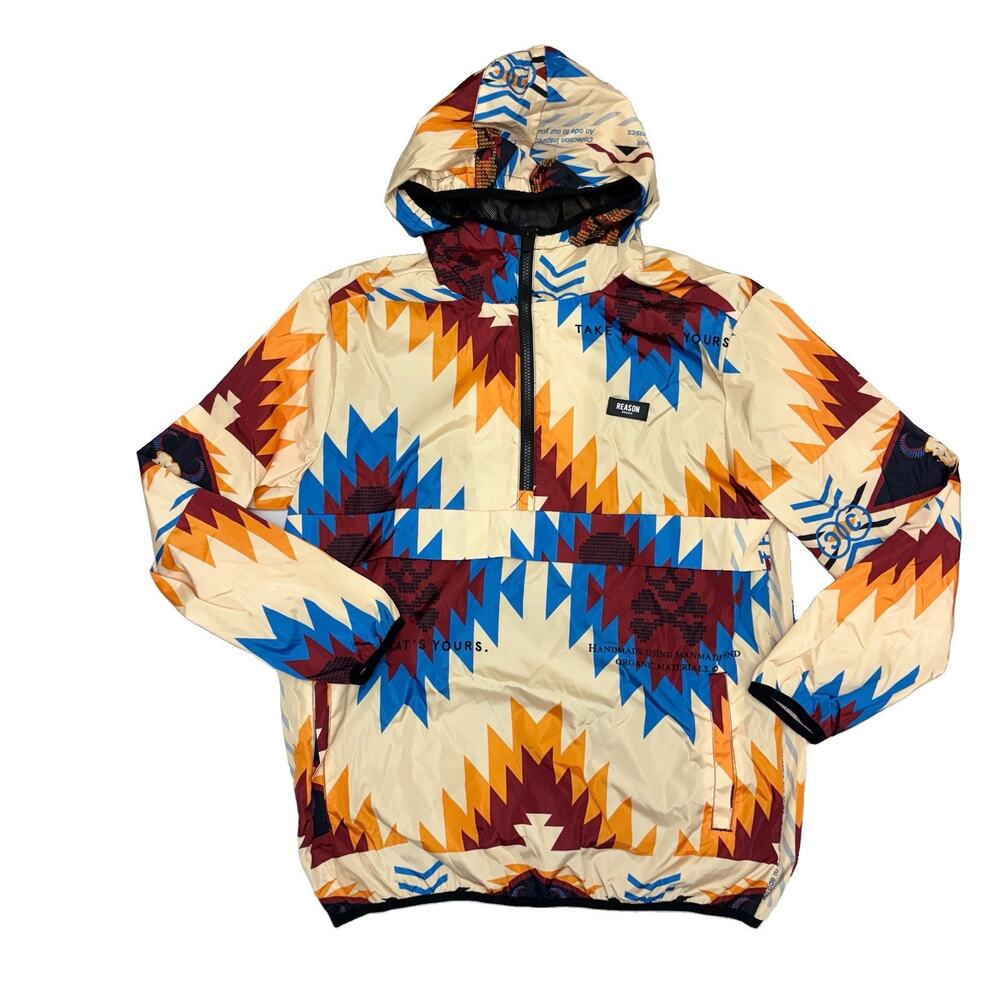 Reason Aztec Skull Jacket Quarter Zip Anorak Western Hooded Windbreaker Size L